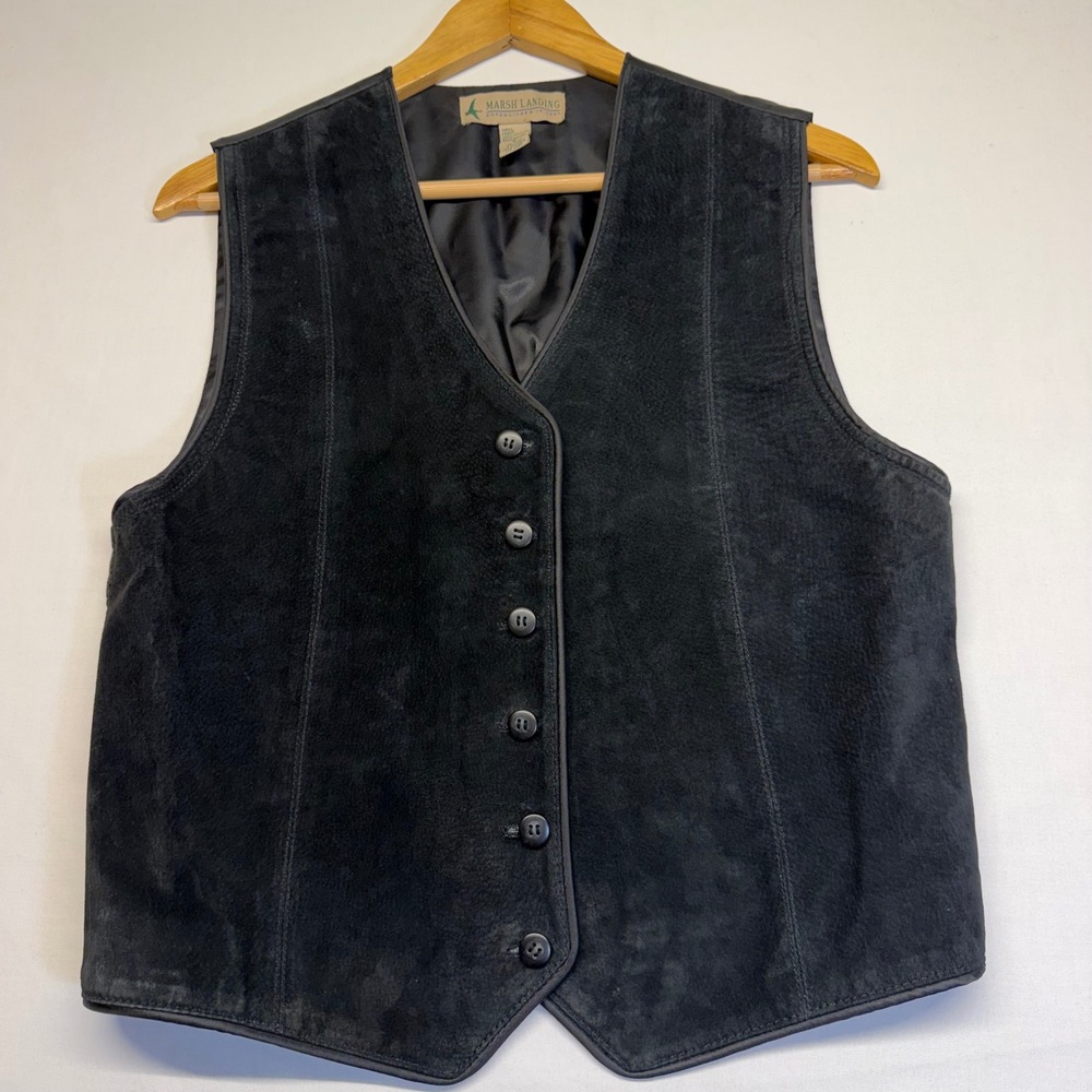 Marsh Landing Vest Suede Leather Small Black Mens Western Biker Cinch Back 90s S